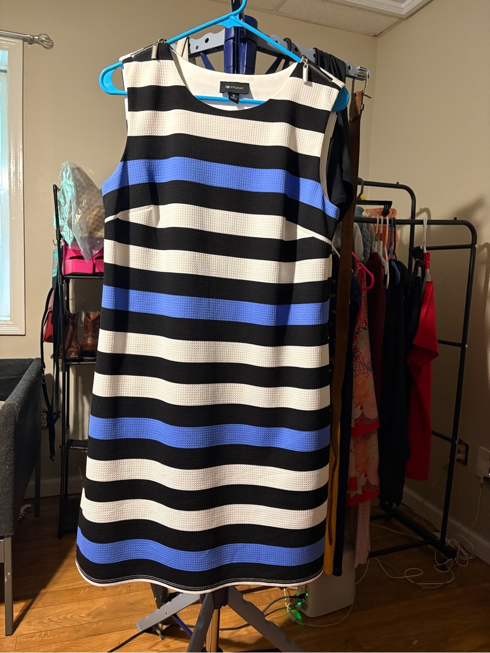 AB Studio Black White and Blue Striped Sleeveless Midi Dress
